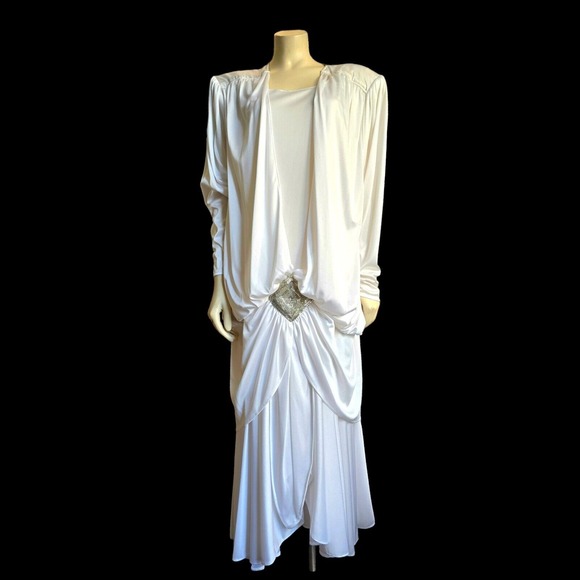 vintage Jovanni white poly knit 20s Flapper style w beaded accented drop waist L - Picture 1 of 13